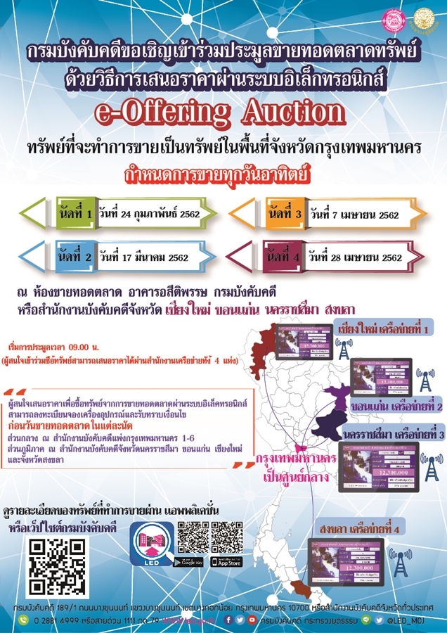 ﻿กรมบังคับคดีขอเชิญเข้าร่วมประมูลขายทอดตลาดทรัพย์ด้วยวิธีการเสนอราคาผ่านระบบอิเล็กทรอนิกส์ e-Offering Auction